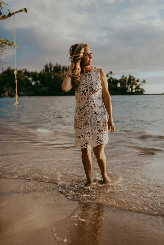 Flash Deals White Crochet Dress & Coverup with Melon Slip