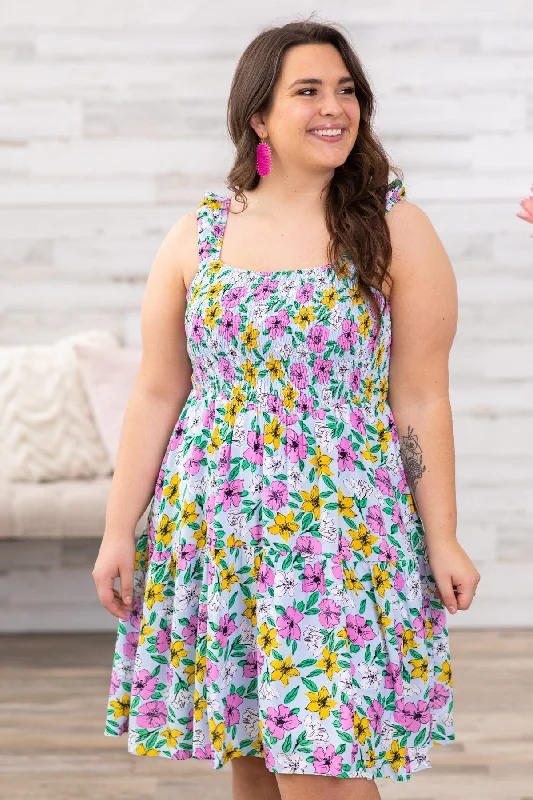 Seasonal Sale Pink Multicolor Floral Smocked Bodice Dress