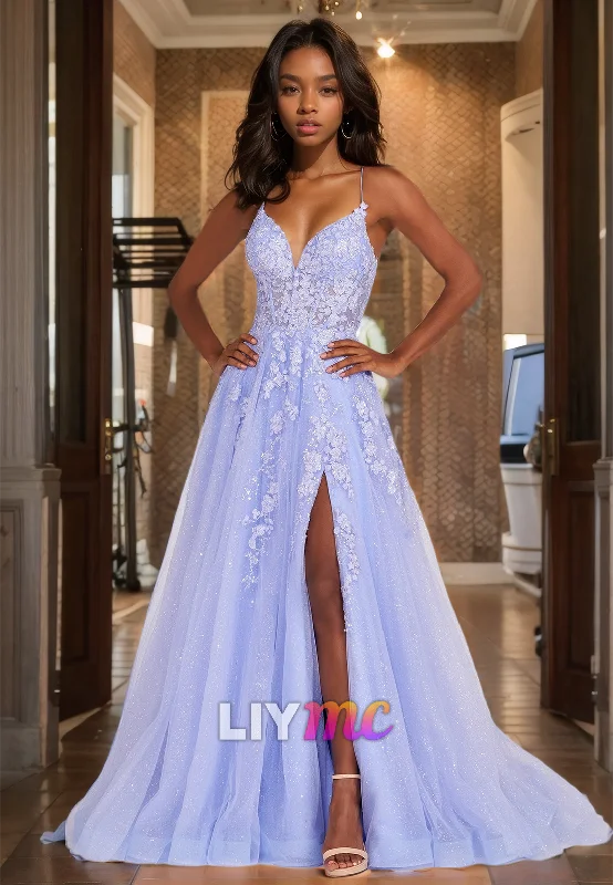Overstock V-Neck Sleeveless Appliques Tulle Pleated Prom Dress