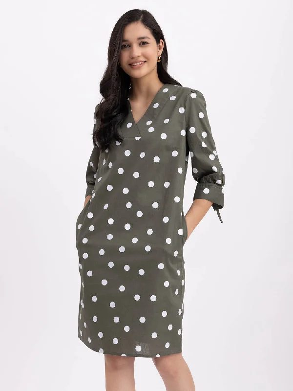 Stock Clearance Cotton Tie-Up Sleeves Dress - Olive And White