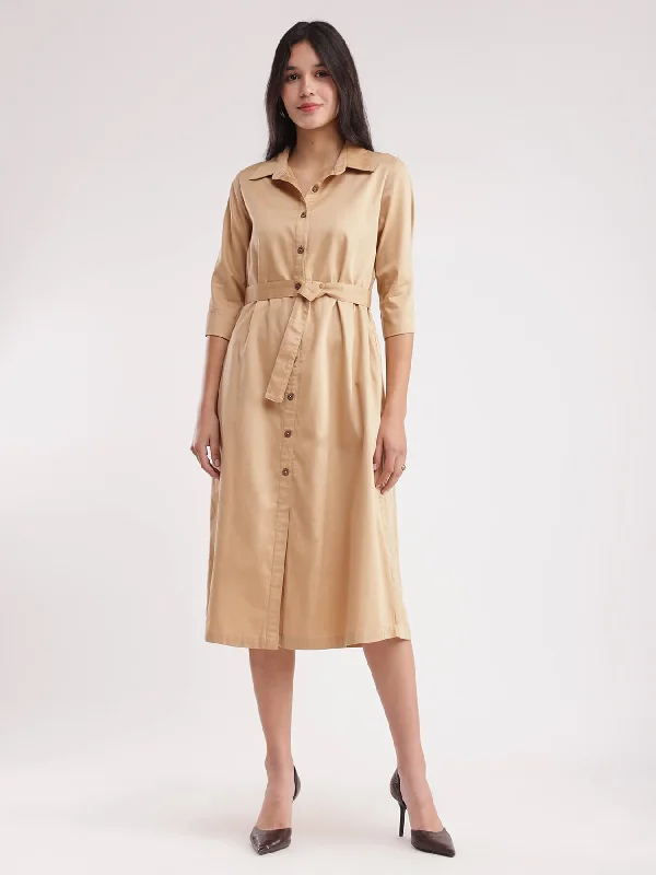 Referral Discount Cotton Satin Shirt Dress - Beige