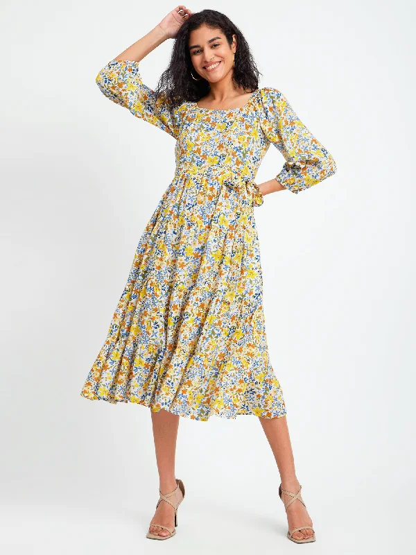 Deep Discounts Floral Print Square Neck Dress - Multicolour