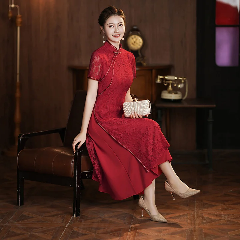 Online Only (M-5Xl) Plus Size Red Lace A Line Cheongsam Evening Dress (Suitable For Mother Of The Bride / Groom)