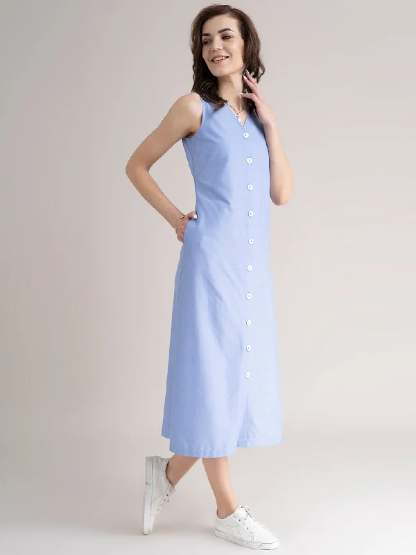Midnight Madness Cotton Button Down Dress- Blue