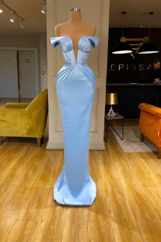 While Supplies Last Sky Blue Mermaid V-Neck Off-The-Shoulder Prom Dress