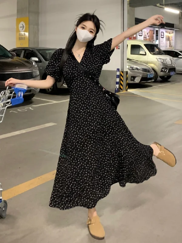 Now or Never Plus Size Korean Black V Neck Midi Dress