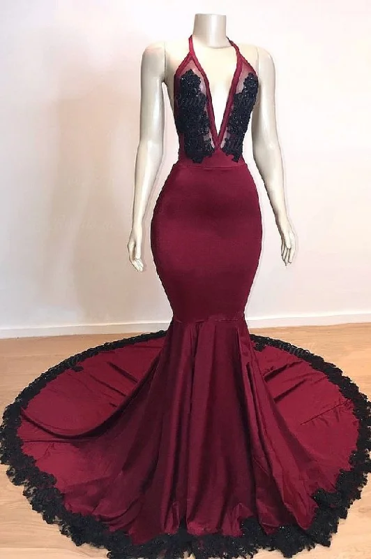 Deal Frenzy Burgundy V-neck Halter Appliques Long Mermaid Evening Dresses