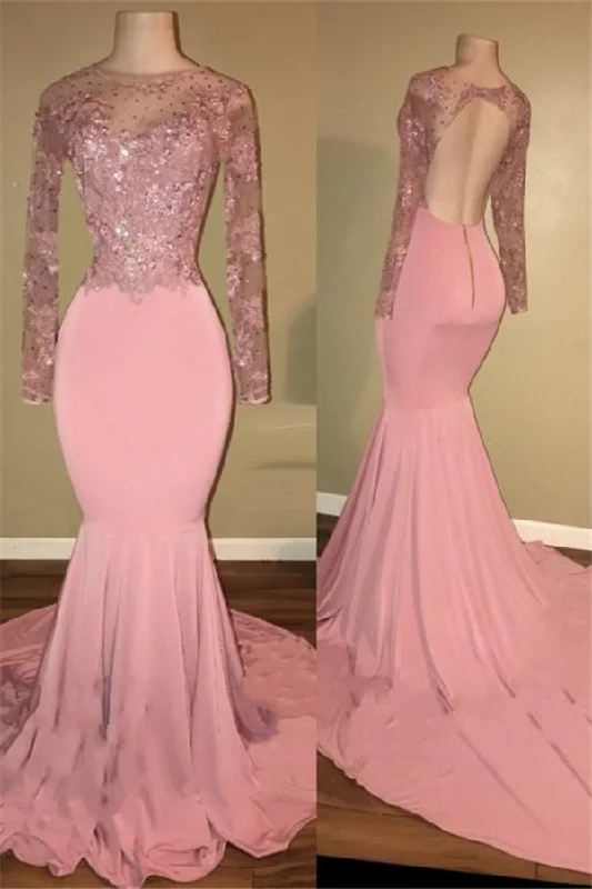 Epic Deals Pink Long-Sleeves Backless Beaded Mermaid Charming Prom Dresses