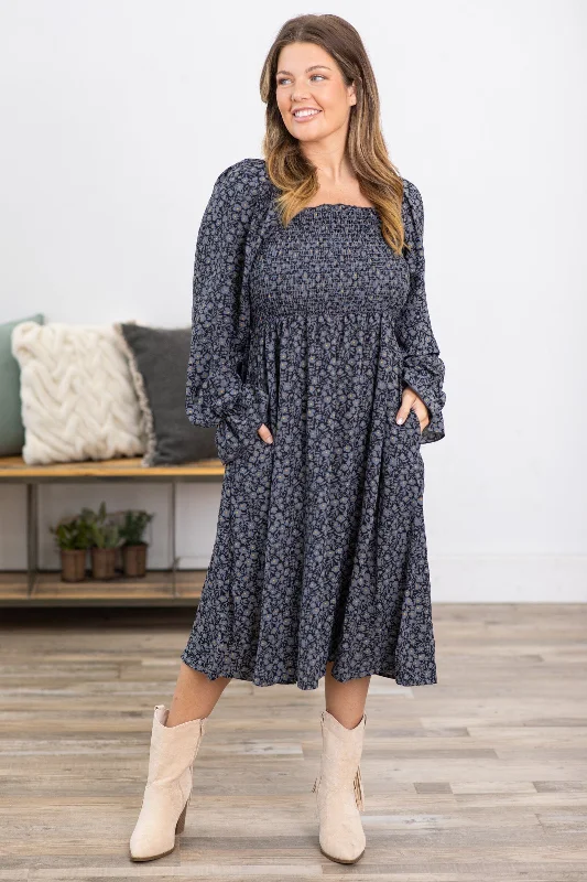 Special Price Graphite Ditsy Floral Square Neck Smocked Dress
