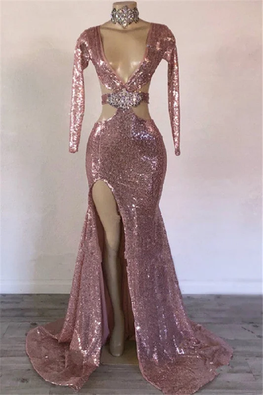 Hurry In Sexy Long Sleeves Pink Mermaid Prom Dress Sequins V-neck Long With Split