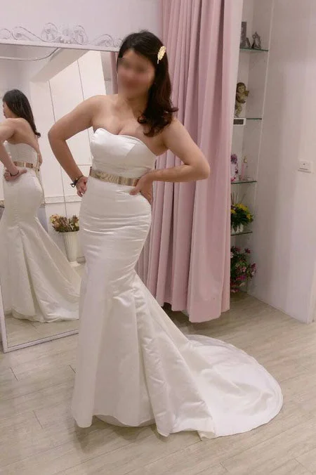 Bargain Bin Plus Size Mermaid Strapless Sweep Train Satin Prom Dresses with Belt N444