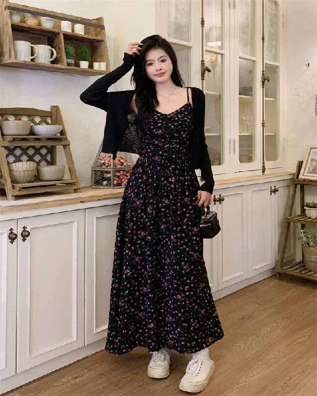 New Deals Plus Size Black Crop Cardigan and Black Ditsy Floral Camisole Dress Set