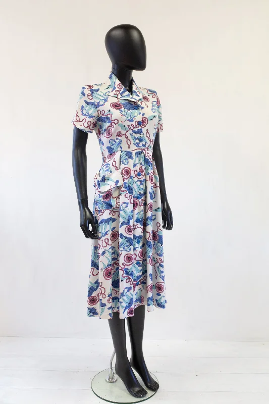 Lowest Price Vintage 1940s Nautical Print Linen Dress