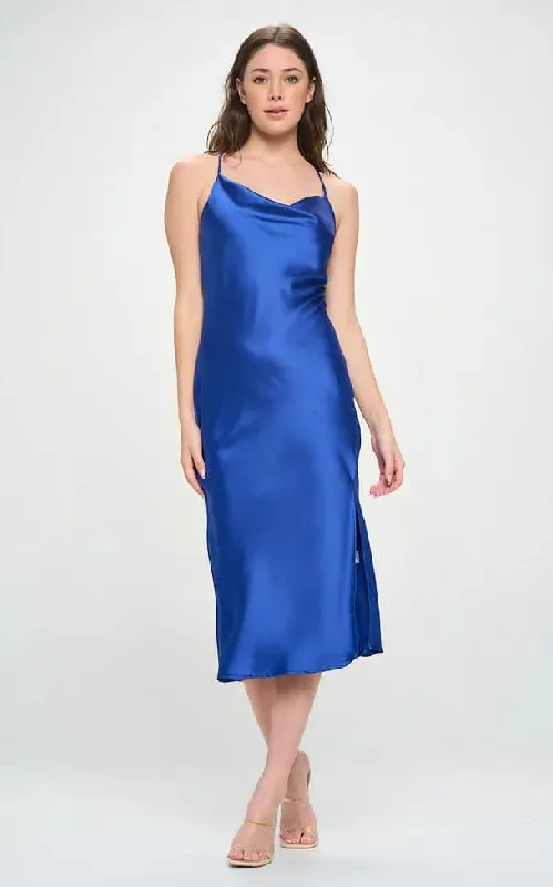 Great Deals Renee C - Royal Blue Midi Satin Slip Dress w/ Slit Two Way Straps