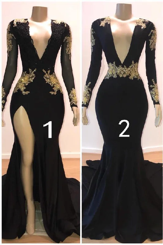 Low Prices Sexy Long Sleeves Black Mermaid Prom Dress Sequins Long Deep V-neck With Split Low Prices Sexy Long Sleeves Black Mermaid Prom Dress Sequins Long Deep V-neck With Split
