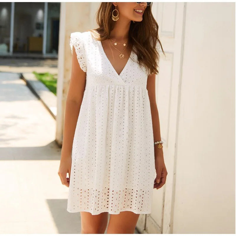 Unmissable Offer Casual Hollow Short Flying Sleeves Summer Women's 2024 New V-neck Lace Lining Mini Dress Unmissable Offer Casual Hollow Short Flying Sleeves Summer Women's 2024 New V-neck Lace Lining Mini Dress