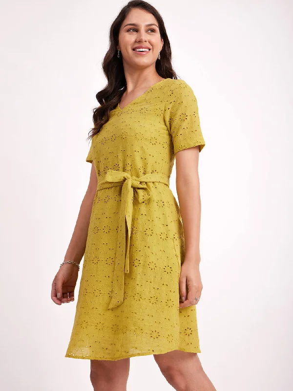 Online Exclusive Cotton Schiffli A-Line Dress - Lime