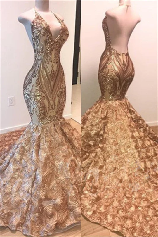 New Deals Sexy V-Neck Halter Gold Mermaid Prom Dress Sequins Backless Long