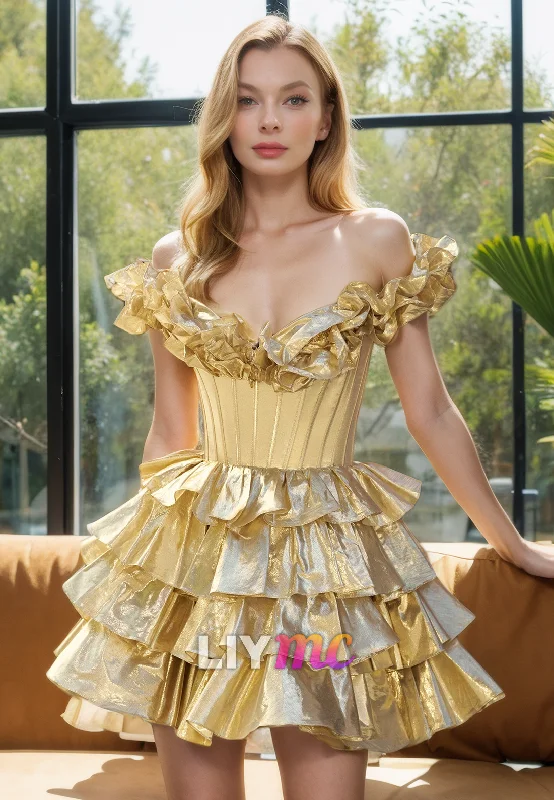 Final Sale Off-Shoulder Strapless Tiered A-Line Ruffled Short Homecoming Dress