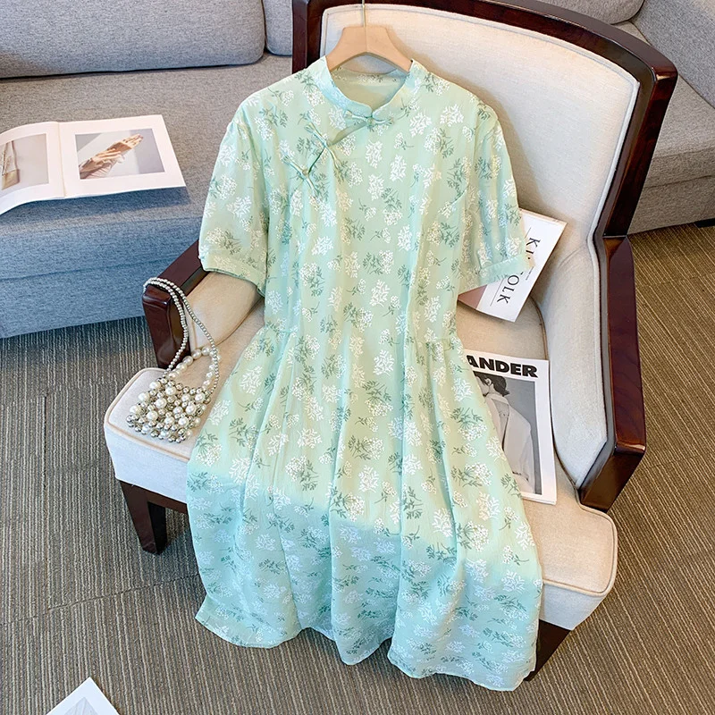 Can't Miss (XL-6XL) Plus Size Green Short Sleeve Cheongsam Dress (Extra Big Size)