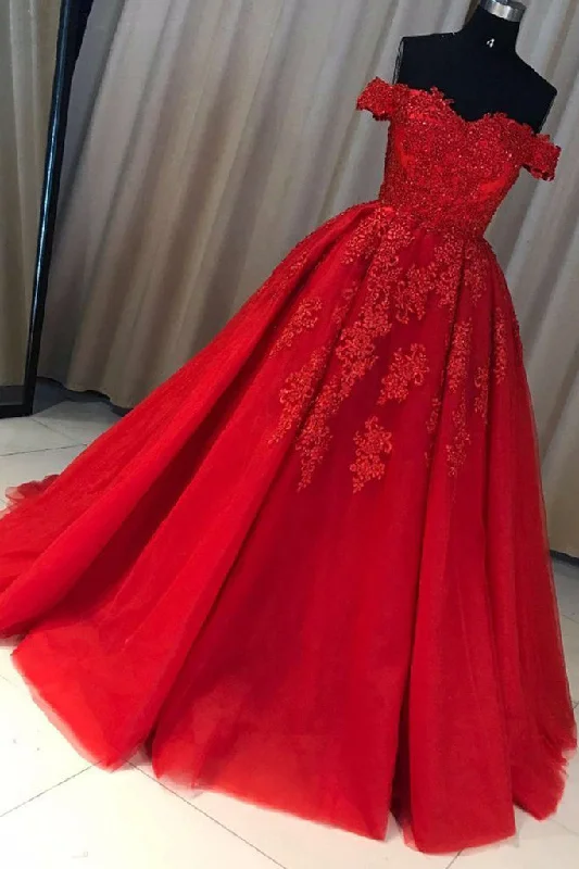 Unbeatable Prices A Line Red Off the Shoulder Lace Appliques Prom Dress N728
