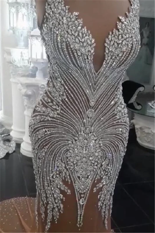 Instant Discount Luxurious Crystals Mermaid Wedding Dresses V Neck Backless Champagne Bridal Gowns