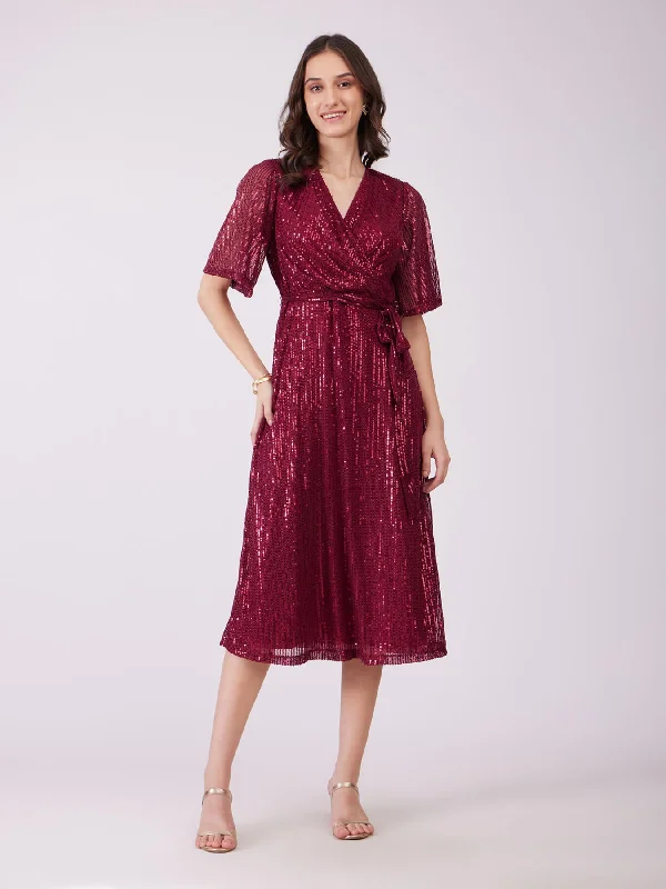 Grand Opening Sale Sequin Wrap Dress - Maroon