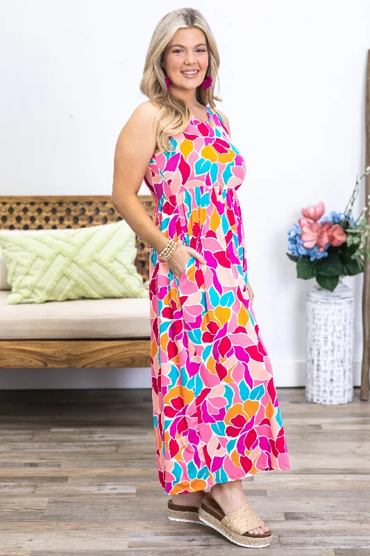 The Best Prices Fuchsia Multicolor Abstract Midi Dress
