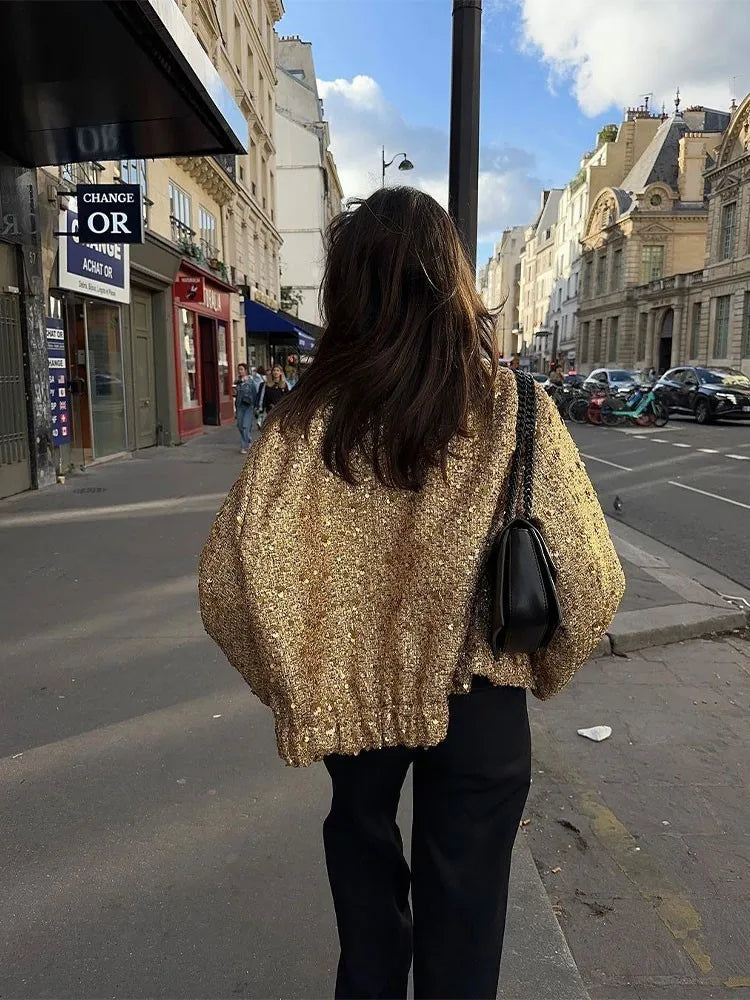 Act Fast Znbbw Shinny Sequin Women Cropped Jacket Stand Collar Long Sleeve Lady Solid Coat 2023 Autumn New Female Gold Street Overcoat Act Fast Znbbw Shinny Sequin Women Cropped Jacket Stand Collar Long Sleeve Lady Solid Coat 2023 Autumn New Female Gold Street Overcoat