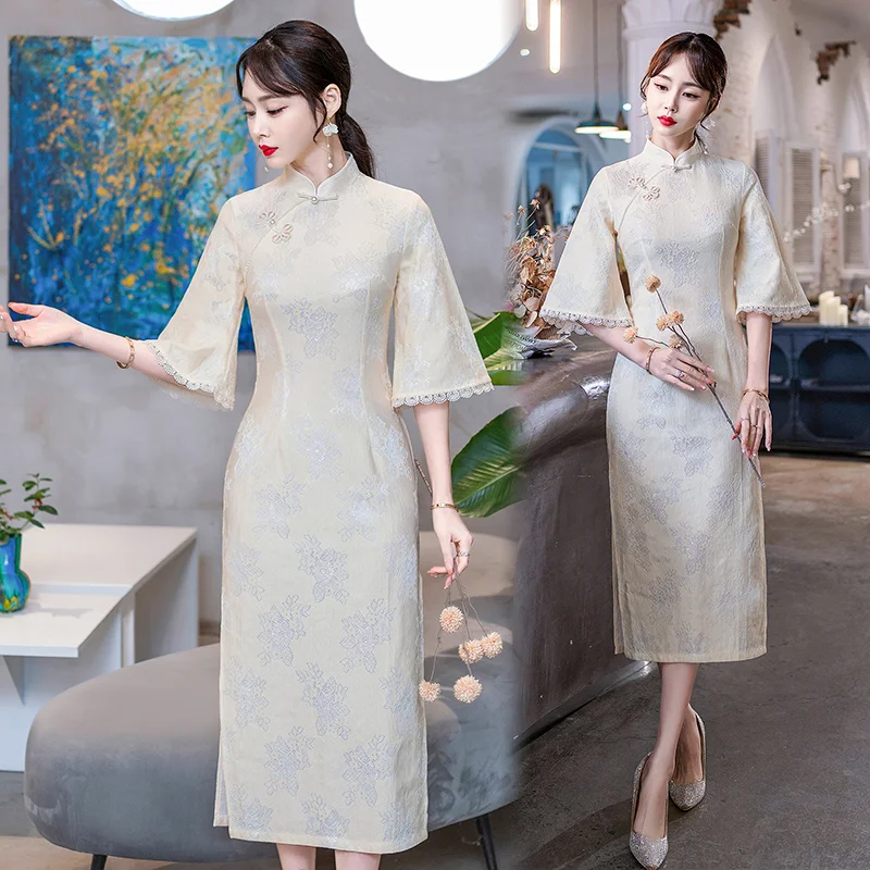 Price Reduction Plus Size Cream White Cheongsam Qipao Dress