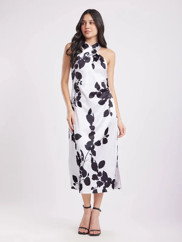 Extra Discounts Satin Halter Neck Dress - White And Black