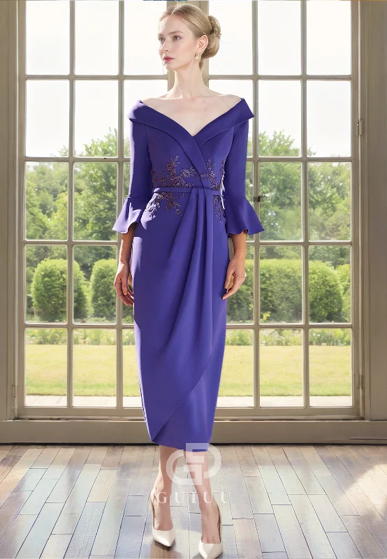 Savings Event Sheath Off Shoulder 34 Length Sleeves Pleated Sequine Tea Length Mother of Bride Dress