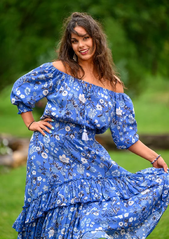Early Bird Discount Flaminga Mix White Flowers Blue Dress