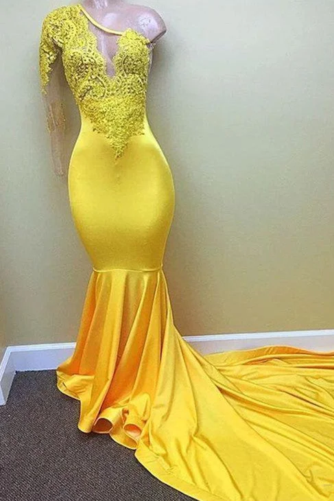 Low Prices Yellow one shoulder mermaid prom dress, lace evening dresses