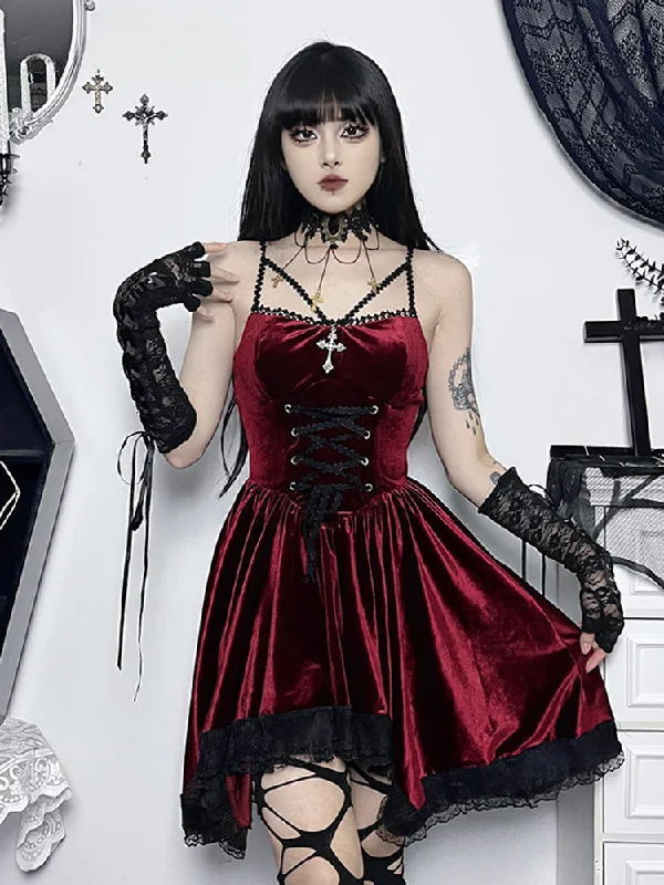 Exclusive Savings Gothic Velvet Vintage Spaghetti Strap Lace Up Romantic Casual Dress