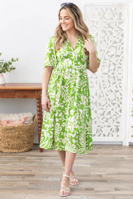 Final Markdown Light Green Paisley and Floral Midi Dress