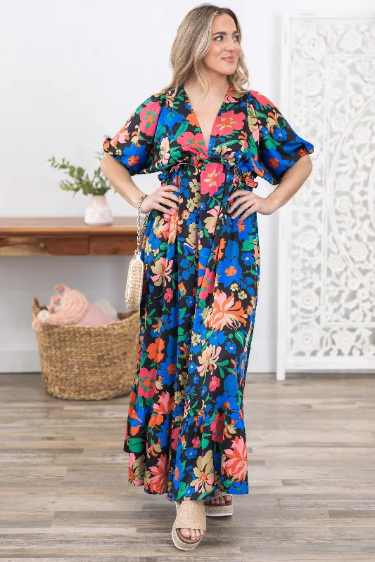 Exclusive Savings Black Floral Print V-Neck Maxi Dress