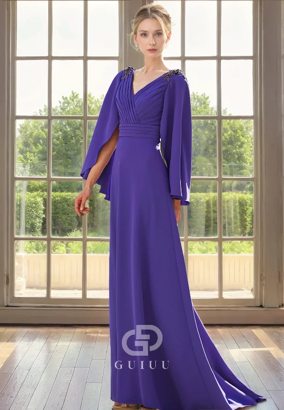 Act Fast Sheath V Neck Sleeveless Pleated Back Zipper Long Mother of Bride Dress
