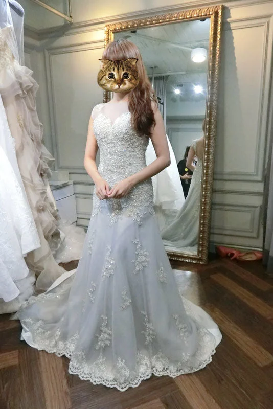 Amazing Deals Light Gray Cap Sleeveless Lace Appliques Open Back Prom Dresses with Beads N439 Amazing Deals Light Gray Cap Sleeveless Lace Appliques Open Back Prom Dresses with Beads N439
