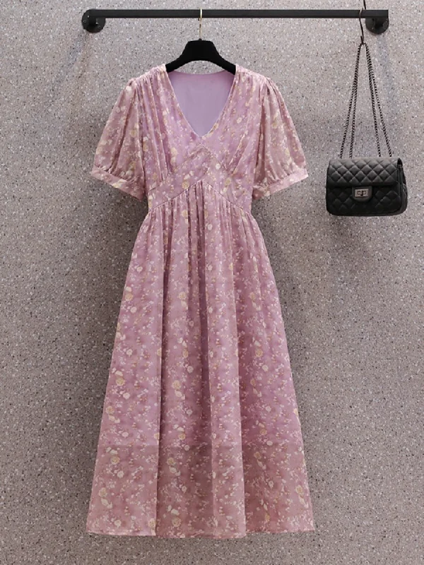 Year-End Clearance Plus Size V Neck Floral Korean Midi Dress