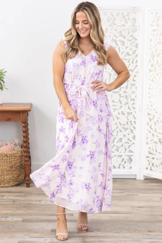 Bargain Prices Lavender V-Neck Self Tie Floral Maxi Dress