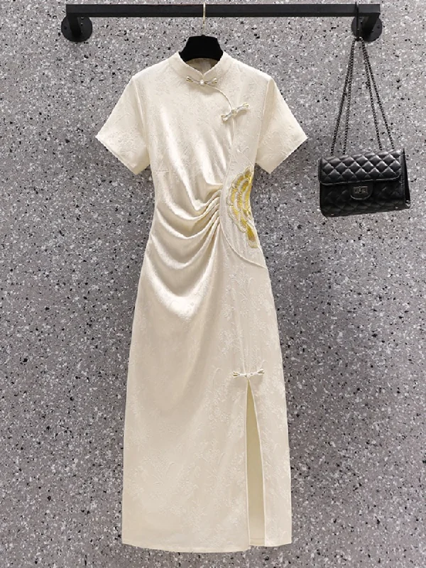 Exclusive Preview Plus Size White Embroidery Slit Midi Cheongsam Dress