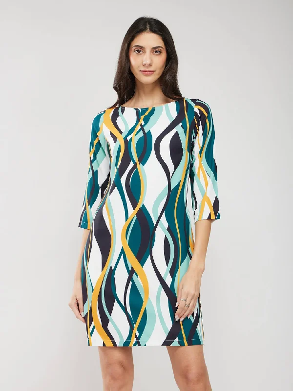 Limited Quantity Abstract Print Dress - Off White And Teal