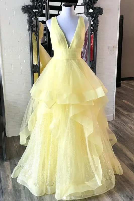Bargain Blast Yellow Prom Dress A Line Deep V Neck Light Long Party Evening Dress with Ruffles
