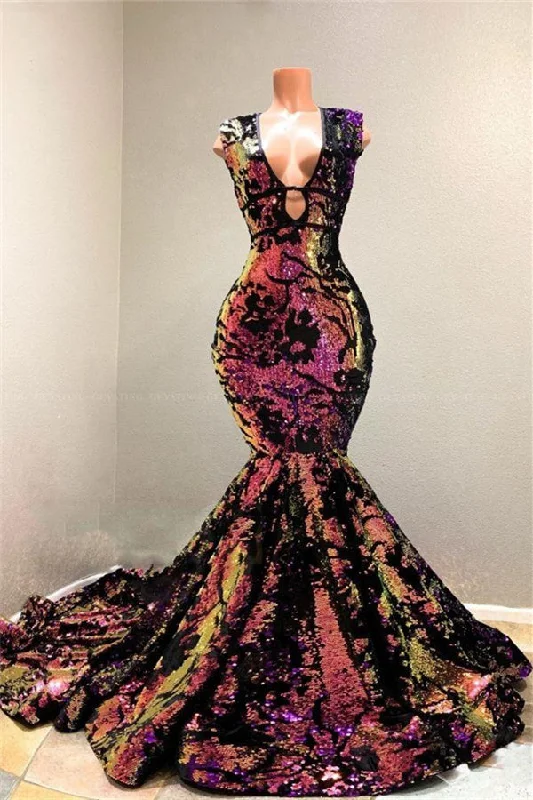 Price Slash Radiant Sequins V-neck Sleeveless Court Train Mermaid Prom Dresses