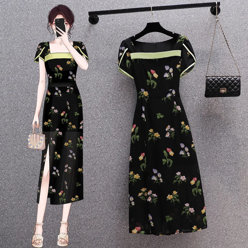 Now or Never Plus Size Oriental Floral Square Neck Midi Pencil Dress