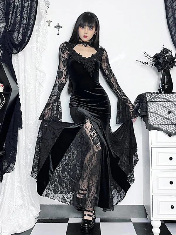 Limited Stock Gothic Mermaid Bodycon Long Maxi Fishtail Sleeve Lace Cocktail Ruched Dress Limited Stock Gothic Mermaid Bodycon Long Maxi Fishtail Sleeve Lace Cocktail Ruched Dress
