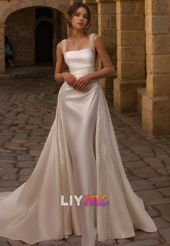 Today’s Special LW712 - Square Sleeveless Beaded Sleek Satin Mermaid Sweep Train Wedding Dress Today’s Special LW712 - Square Sleeveless Beaded Sleek Satin Mermaid Sweep Train Wedding Dress