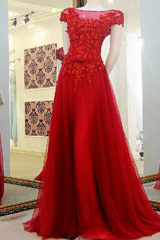 Clearance Event Red Cap Sleeves Appliques Tulle Prom Dresses