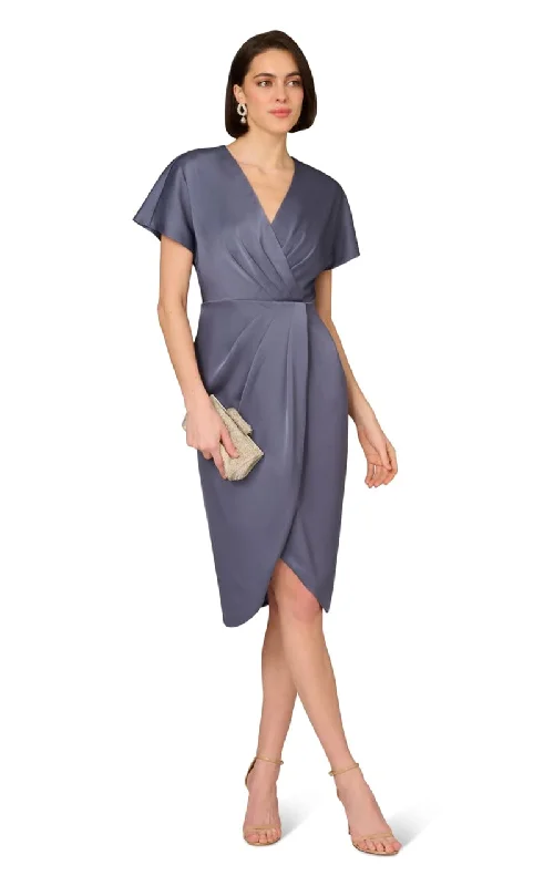 YEAR-End Clearance Aidan Maddox- Cap Sleeve V-neck Crepe Satin Gathered Dress